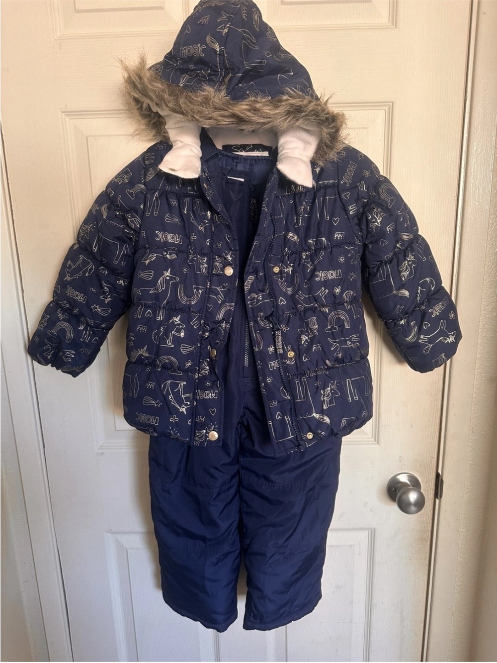 Carters girls Navy Blue Kids Puffer Snowsuit with Hood and Faux Fur Trim 5/6